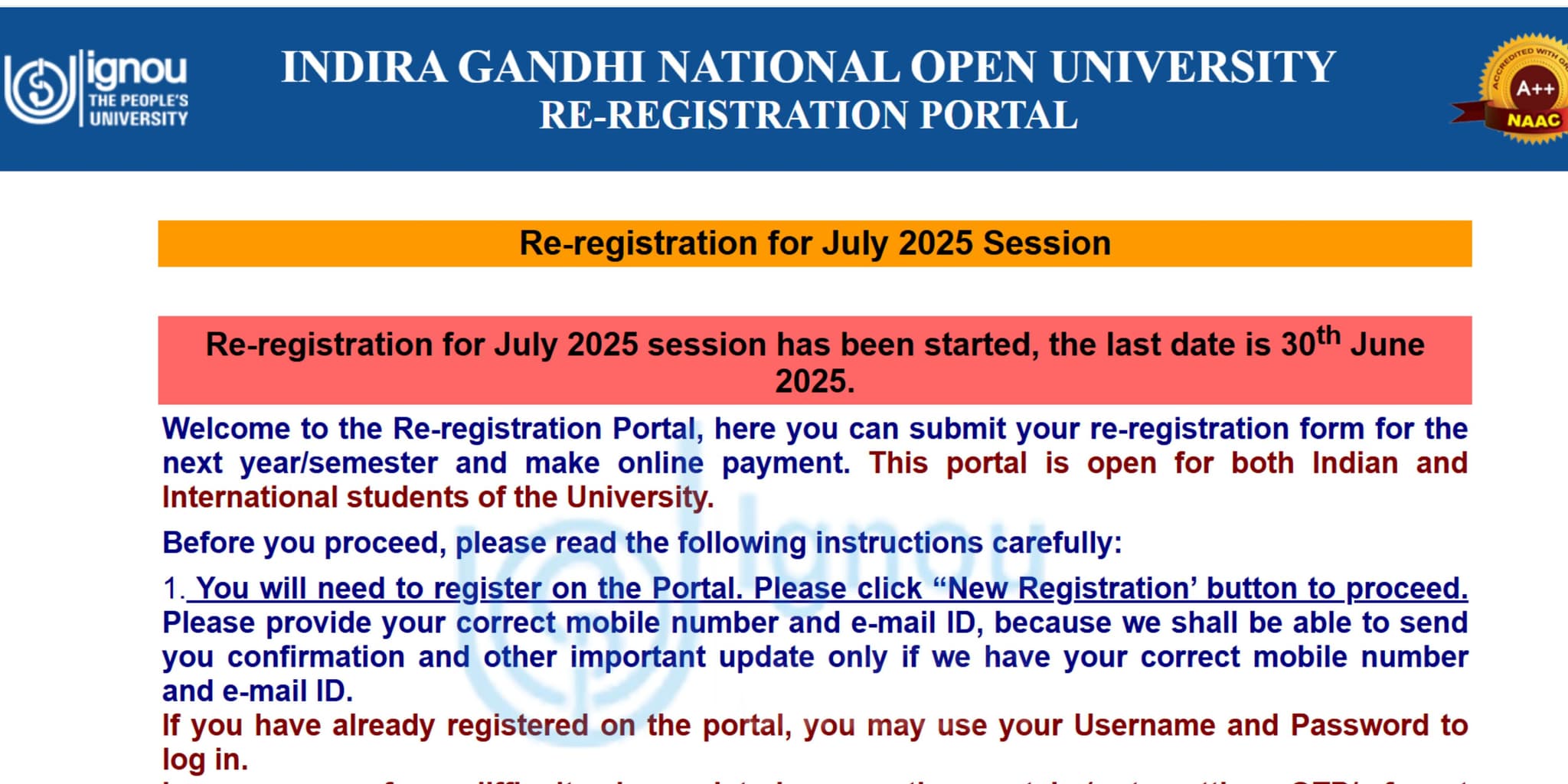 IGNOU Re-Registration 2025