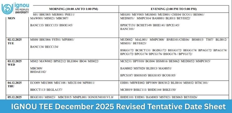 IGNOU TEE December 2025 Revised Tentative Date Sheet